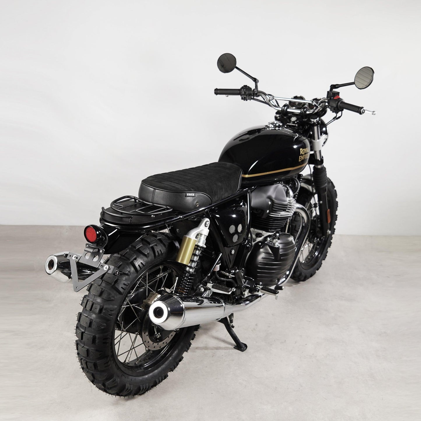 Bonvent black suede leather seat for custom Royal Enfield motorcycles. Stylish and comfortable