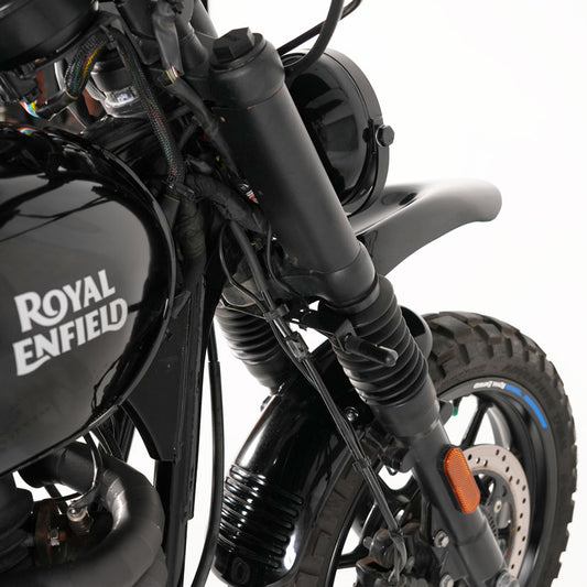 Close-up of Royal Enfield Hunter 350 front fork with custom LED indicator mounting brackets