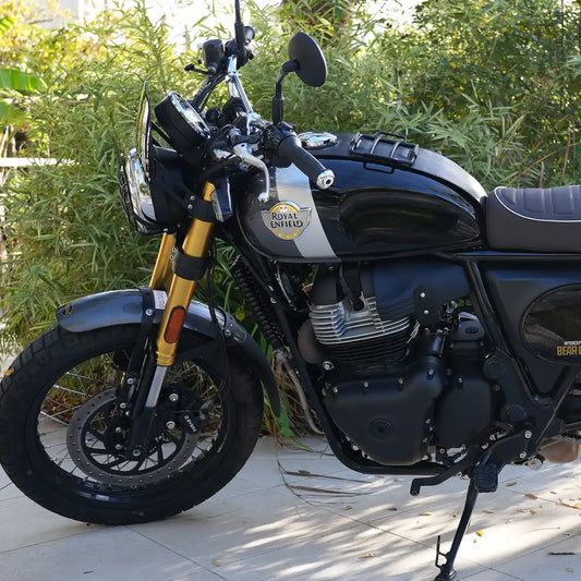 Leather tank strap with mini tank rack on Royal Enfield Interceptor 650
