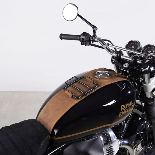 Rugged leather tank strap for Royal Enfield motorcycles. Durable and stylish design.