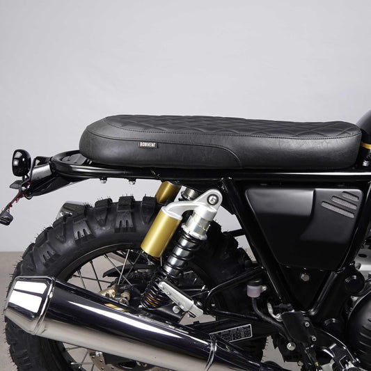 classic cafe racer seat side view fitted on a Royal Enfield Interceptor 650