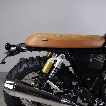 Brown diamond stitched suede-look and leather-style flat seat for Royal Enfield Interceptor 650 and Continental GT 650