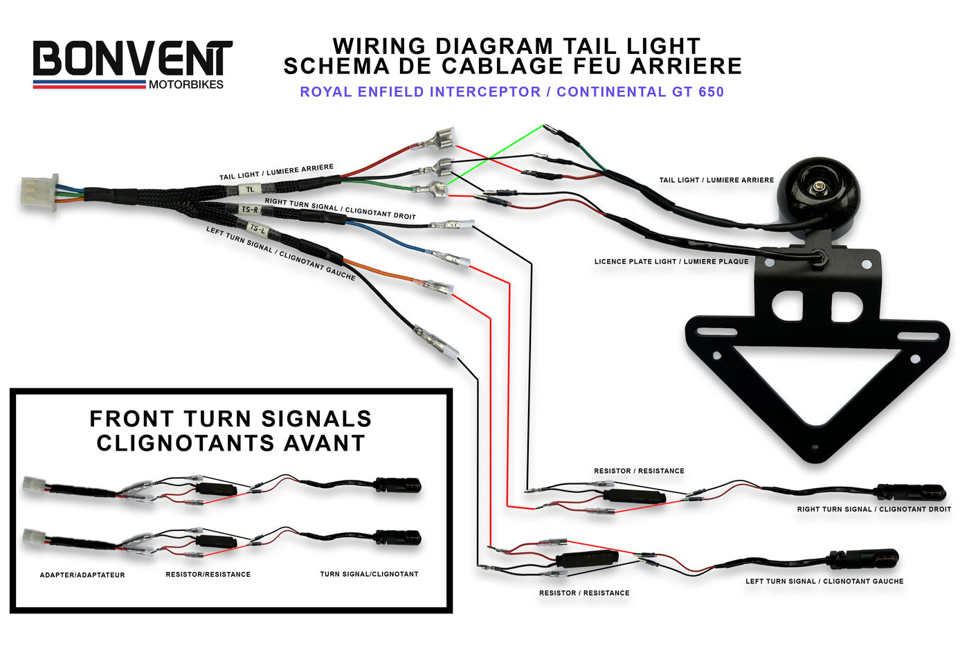 Wiring diagram for plug and play tail light and indicator setup on Royal Enfield Interceptor 650 and Continental GT 650