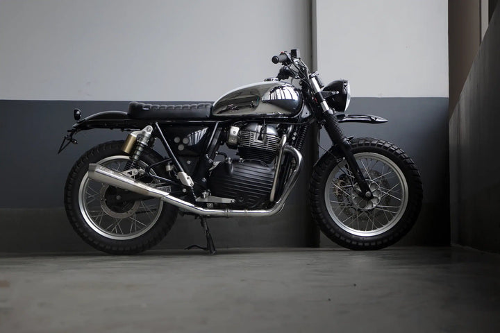 Royal Enfield interceptor 650 fiited with a range of Scrambler accessories and off road tyres