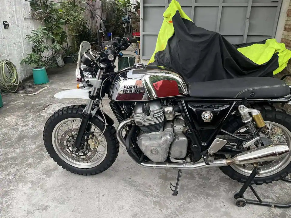 Royal Enfield Continental GT 650 in United Kingdom fitted with Interceptor 650 High Front Mudguard for Scrambler Builds, Short Front Mudguard for Interceptor 650 & GT 650