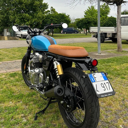 tail tidy on Royal Enfield Interceptor 650 Blue and Brown seat