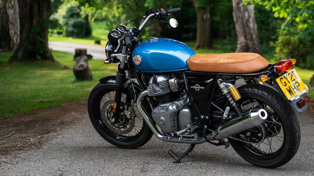 Blue Interceptor 650 with Scrambler Brown Leather & Suede Custom Seat