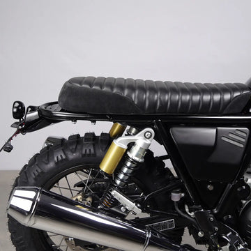 Black ribbed scrambler seat with suede-look side panels for Royal Enfield Interceptor 650 and Continental GT 650