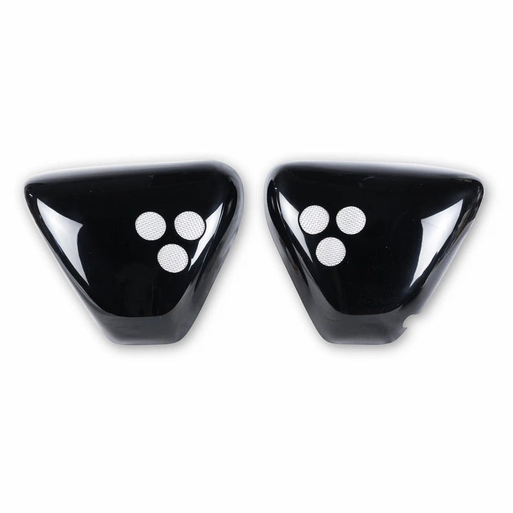 Pair of glossy black side covers for Triumph Bonneville T120 on white background