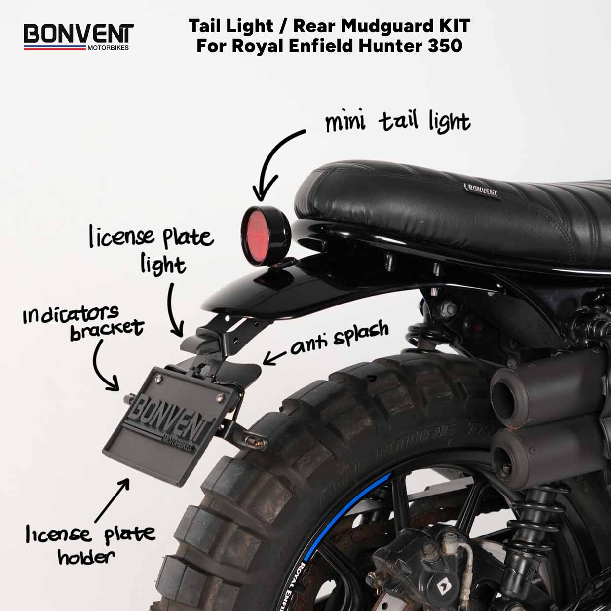 Taillight eliminator setup on Royal Enfield Hunter 350 showing available options and modular components explained by hand notes
