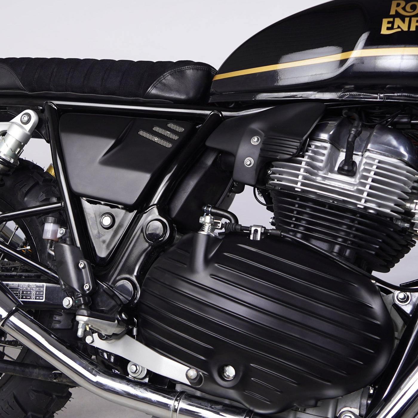 Bonvent heat shield air deflector mounted on a black Royal Enfield Interceptor 650 custom build