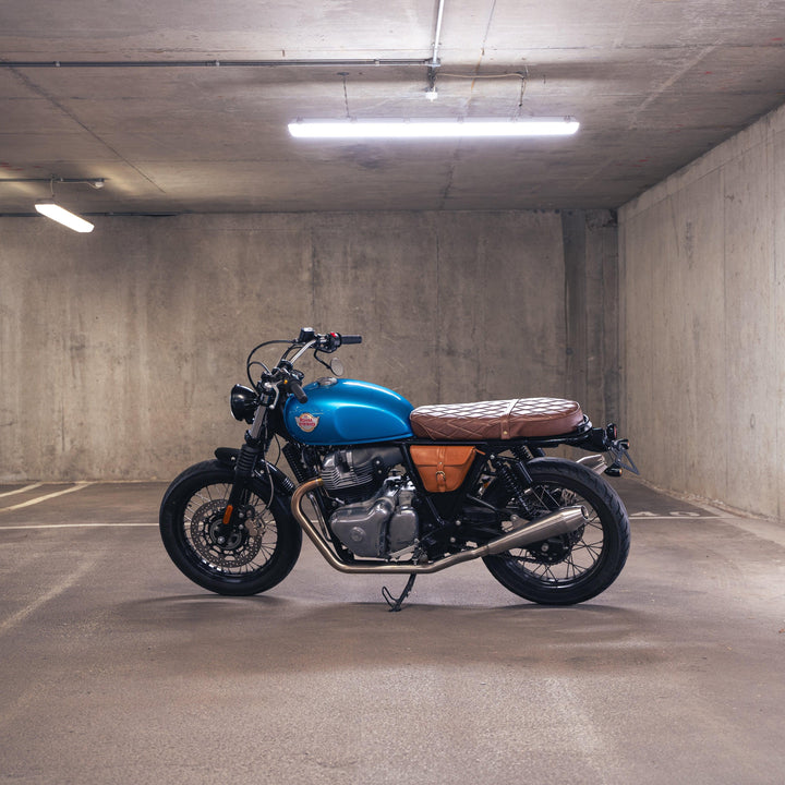 Blue Royal Enfield Interceptor 650 with Bonvent heat shields installed