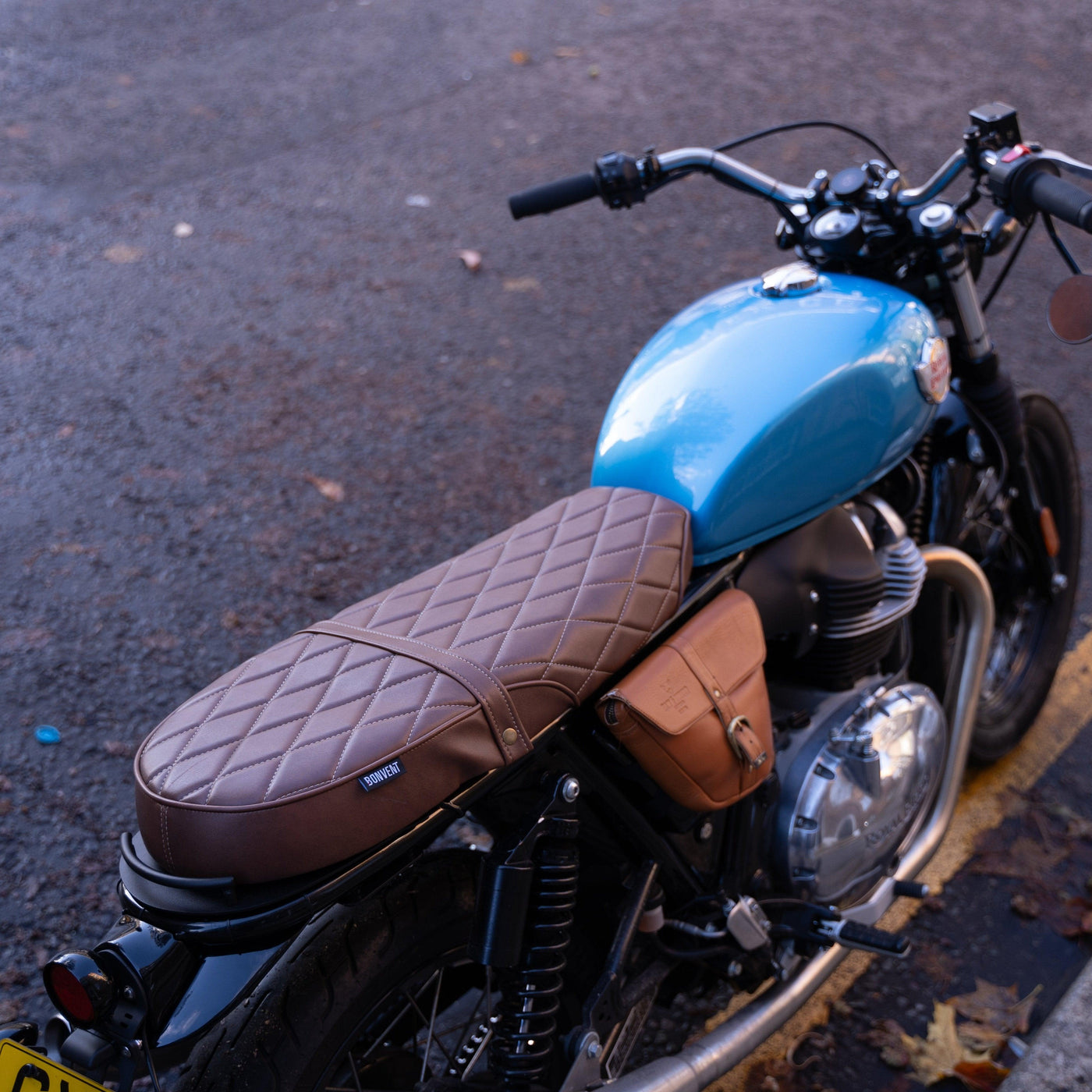 Top view of a custom blue Royal Enfield Interceptor 650 fitted with Bonvent air deflectors