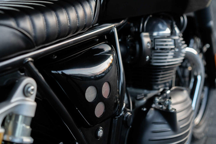 Royal Enfield 650 side covers with mesh airflow detail