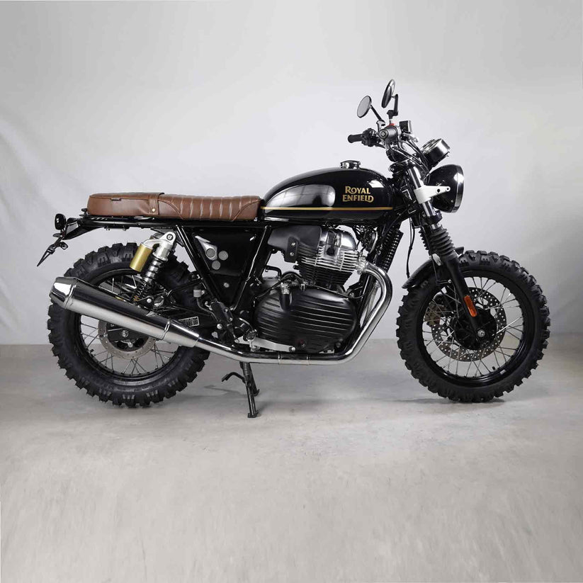 Brown Interceptor 650 seat kit side profile with vintage custom seat setup