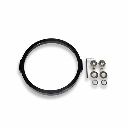 Black circular aluminium motorcycle headlight bracket shown with two mounting bolts, washers, small screws and an Allen key.