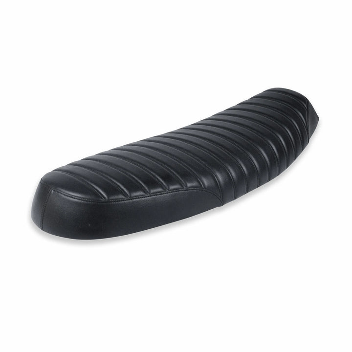 Three-quarter view of a black low-profile motorcycle seat with horizontal ribbed stitching and smooth side panels on a white background.