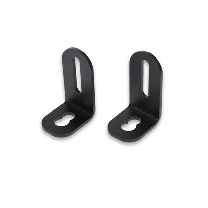 Pair of black L-shaped motorcycle indicator mounting brackets with vertical slots and dual-size round holes, shown on a white background.