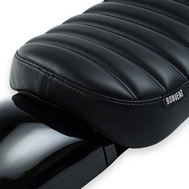 Black ribbed handmade motorcycle seat by Bonvent Motorbikes