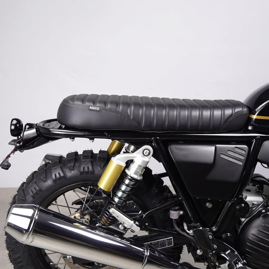 Handcrafted Black Scrambler Seat, the best custom accessory for Royal Enfield Interceptor and GT 650.