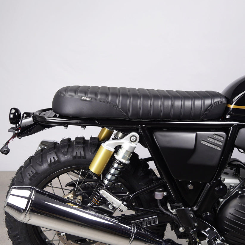 Handcrafted Black Scrambler Seat, the best custom accessory for Royal Enfield Interceptor and GT 650.