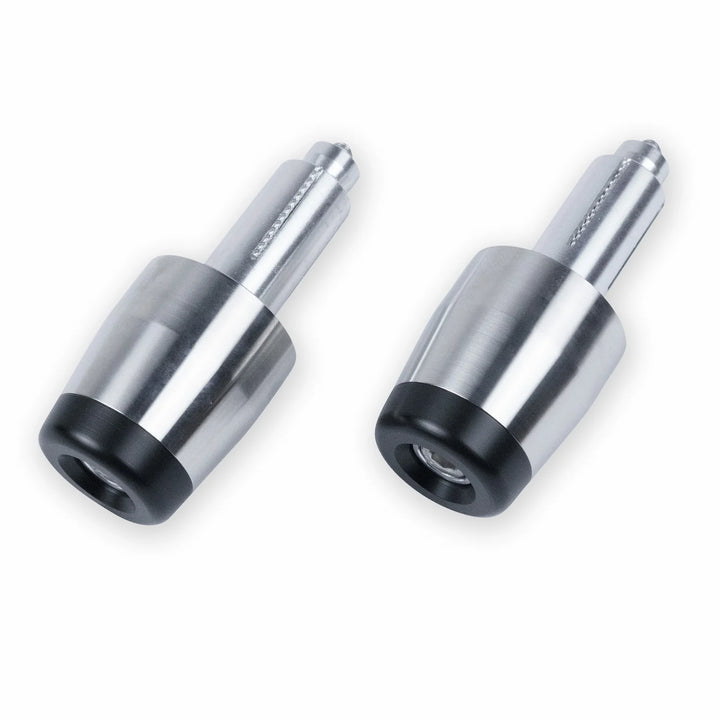 Pair of Bonvent brushed stainless steel motorcycle handlebar end weights with black end caps and expanding mounting sleeves.