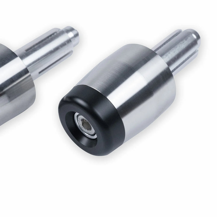Close-up of two Bonvent motorcycle bar weights with brushed stainless steel bodies, black end caps, hex bolts, and expanding fittings.