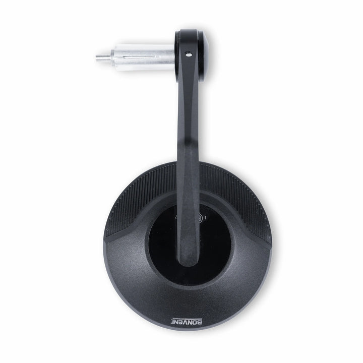 Rear view of a round black BONVENT aluminium bar-end mirror with angled arm and silver internal handlebar mount.