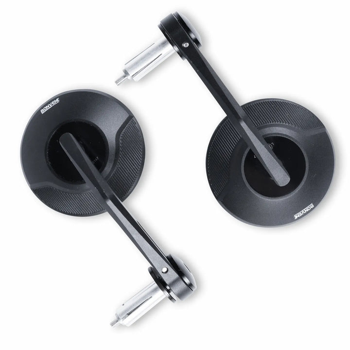 Pair of round black BONVENT motorcycle bar-end mirrors shown from the rear, with angular arms and silver expanding handlebar mounts.