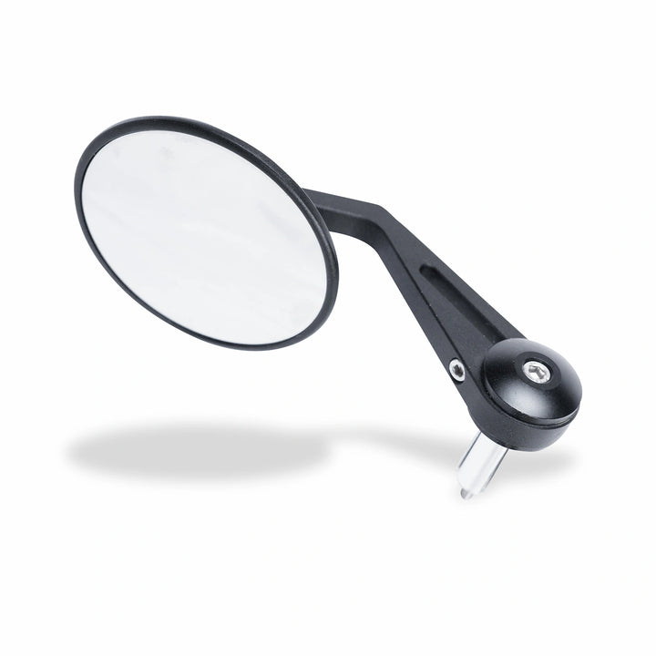 Single BONVENT black aluminium bar-end mirror with a round reflective face, angled arm and internal handlebar mounting plug on a white background.