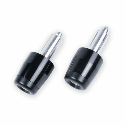 Pair of black Bonvent motorcycle handlebar end weights with silver expanding fittings, shown at an angle on a white background.