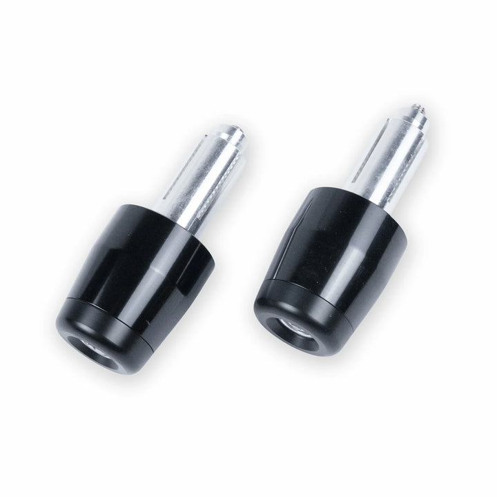 Pair of black Bonvent motorcycle handlebar end weights with silver expanding fittings, shown at an angle on a white background.