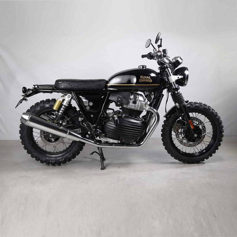 Interceptor 650 seat kit installed on black Royal Enfield scrambler build