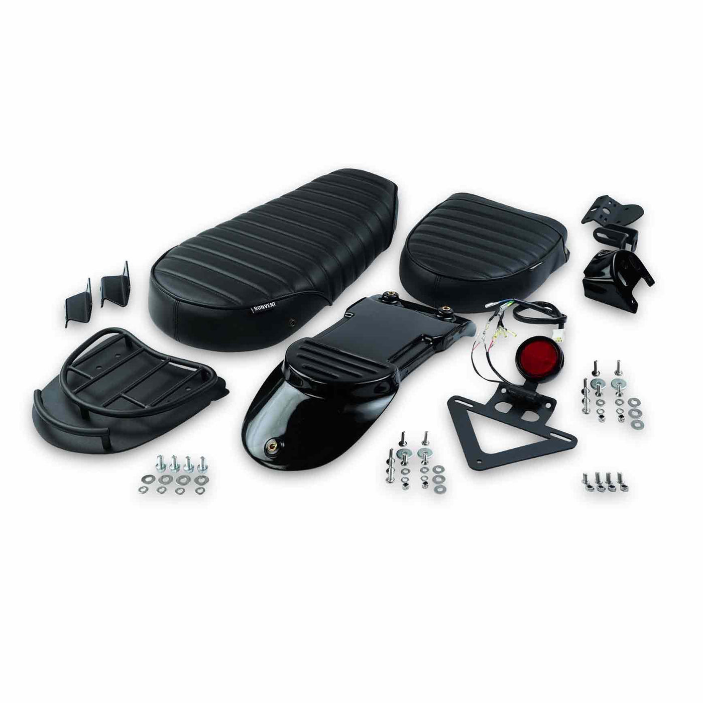 Complete Royal Enfield 650 seat kit with solo seat, duo extension, mini rack, tail light and hardware