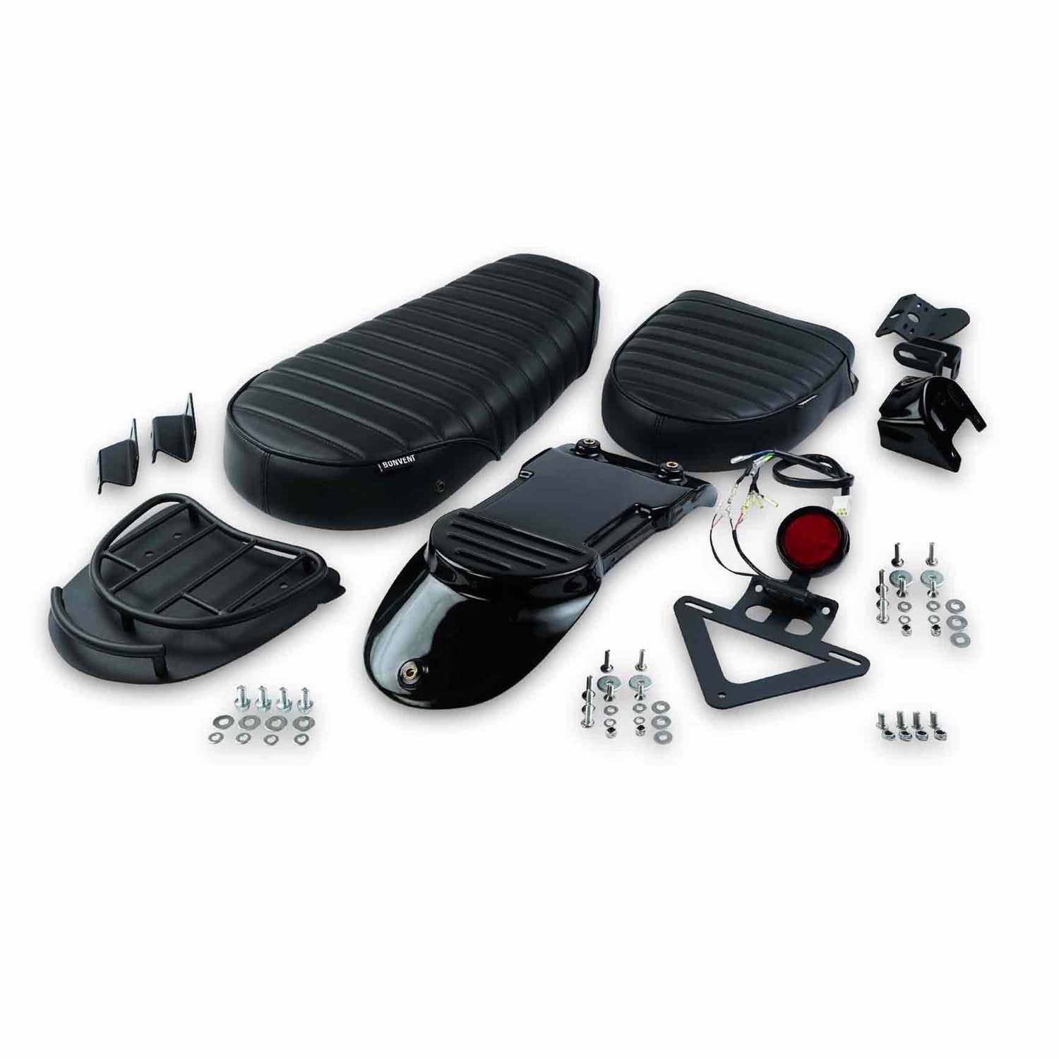 Complete Royal Enfield 650 seat kit with solo seat, duo extension, mini rack, tail light and hardware
