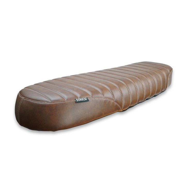 Brown seat finish on Royal Enfield Interceptor 650 custom motorcycle