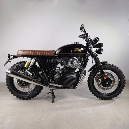 Custom Brown Seat in Classic Scrambler design, an upgrade for Royal Enfield bikes.