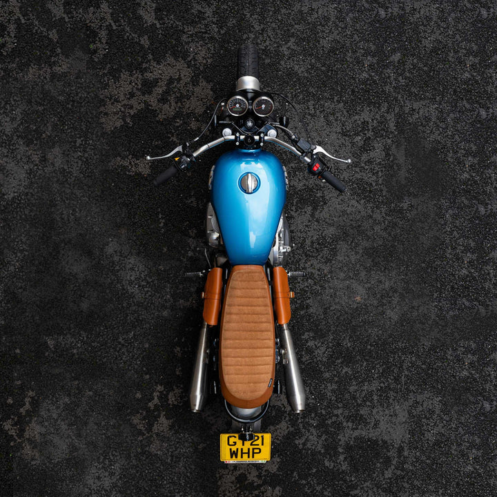 Brown suede Flat Scrambler Seat fitted on Royal Enfield Interceptor 650