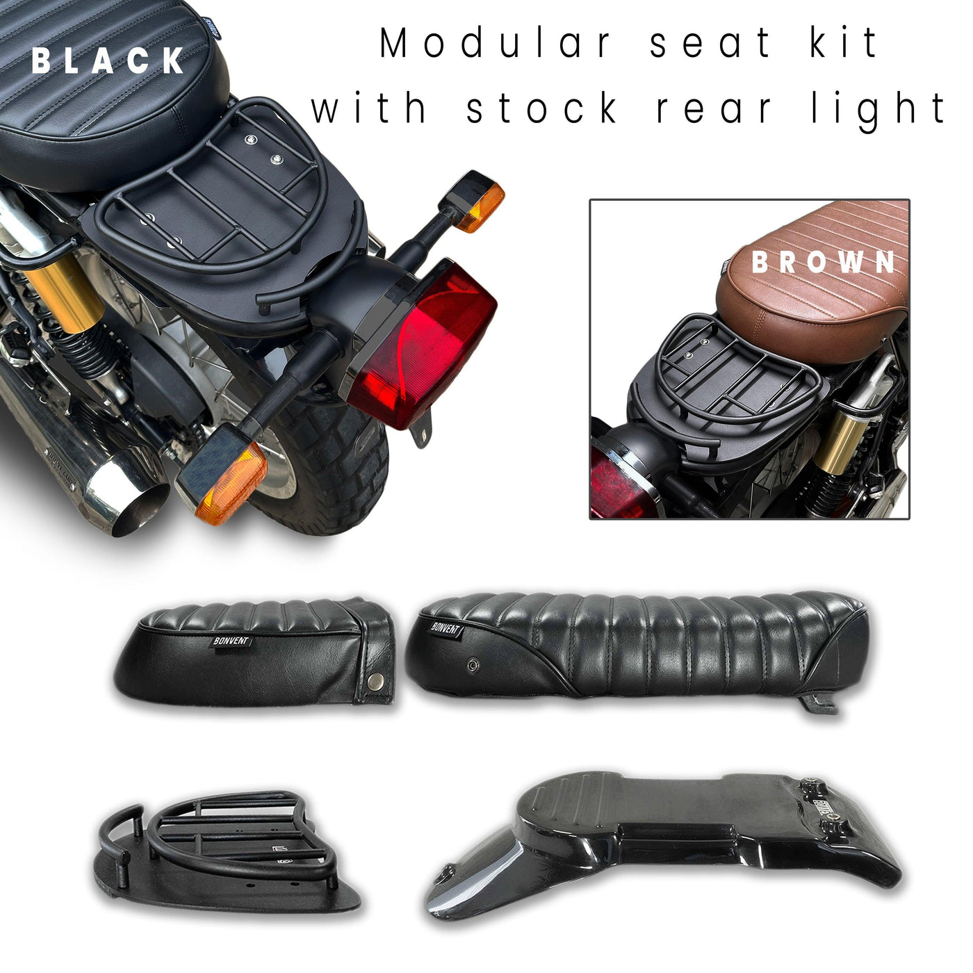 Royal Enfield 650 modular seat kit showing stock light and custom tail light options