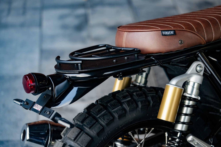 Durable mini rack for Royal Enfield scramblers. Perfect for custom motorcycles and tail tidy setups