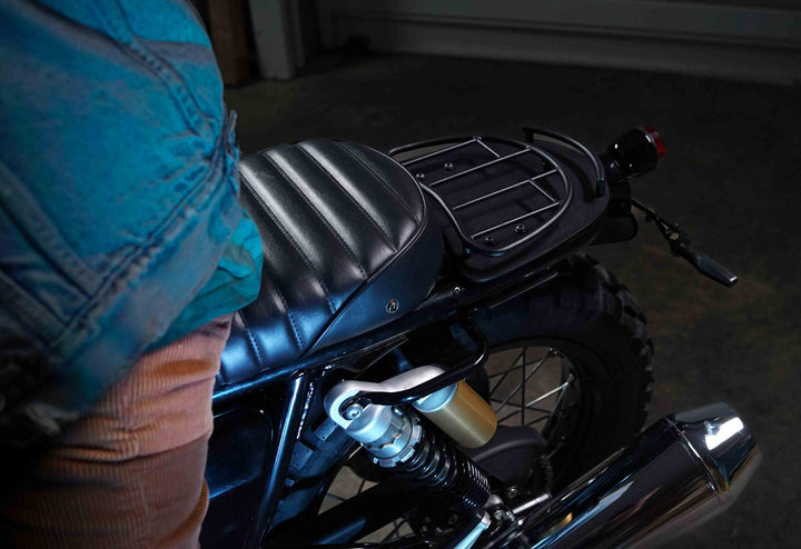 Easy-install mini rack for Royal Enfield motorcycles. Compact design for practical storage