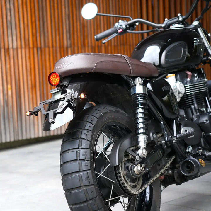 Triumph Bonneville T100 and T120 tail tidy with compact LED tail light and rear indicator brackets