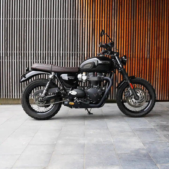 Side profile of Triumph Bonneville T100 and T120 tail tidy and LED tail light installed