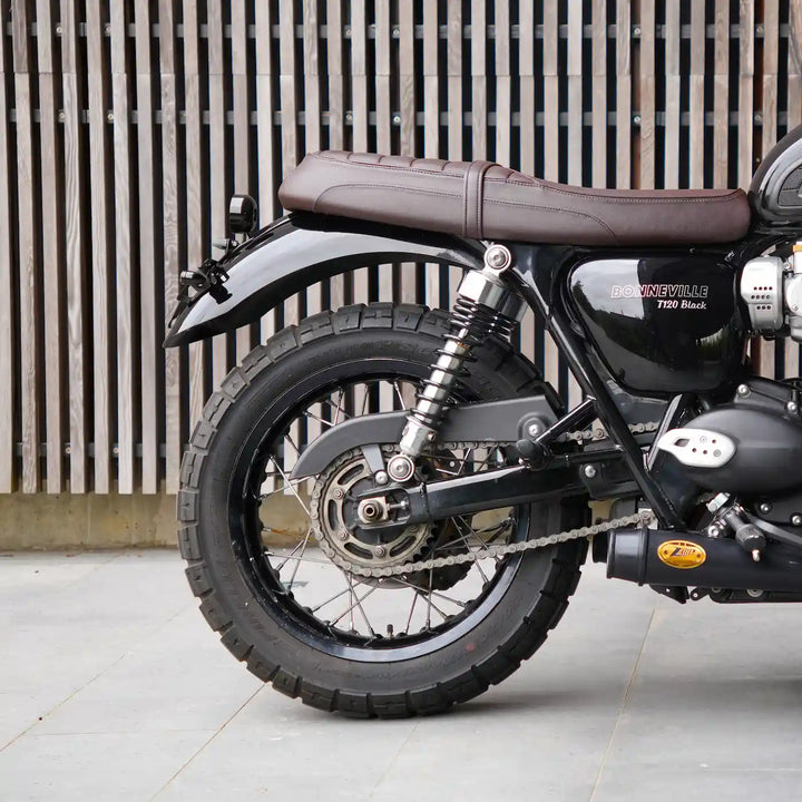 Clean rear-end view with Triumph Bonneville T100 and T120 tail tidy and compact LED tail light