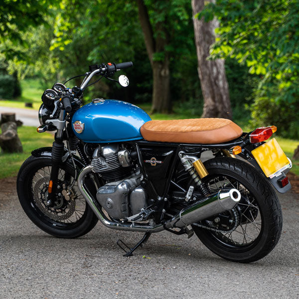 handmade custom seat brown ribbed fitted on Royal Enfield Interceptor 650