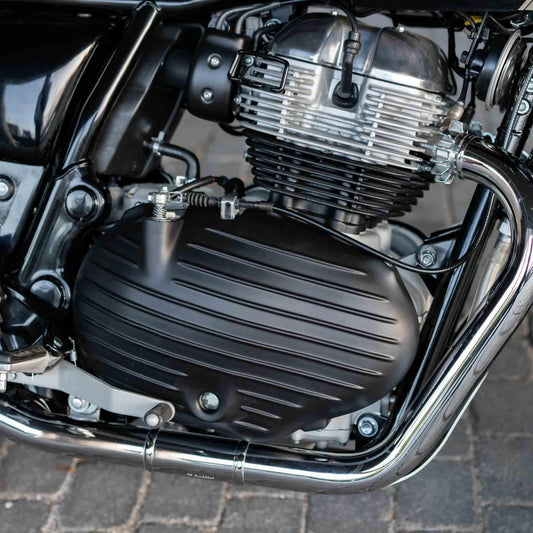 Close-up of Bonvent engine cover on Royal Enfield Continental GT 650 custom motorcycle