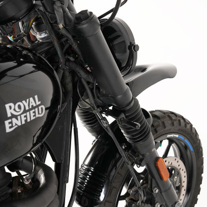 Close-up of Royal Enfield Hunter 350 front fork with custom LED indicator mounting brackets
