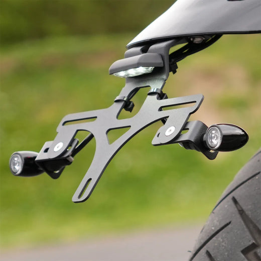 License plate holder with integrated plate light for Hunter 350 tail tidy kit.