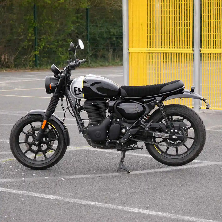 Full side profile of Royal Enfield Hunter 350 fitted with Bonvent tail tidy and LED tail light kit