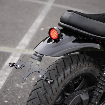 Bonvent Hunter 350 tail tidy and LED tail light kit installed on a Royal Enfield Hunter 350 with compact plate holder and rear LED lighting.